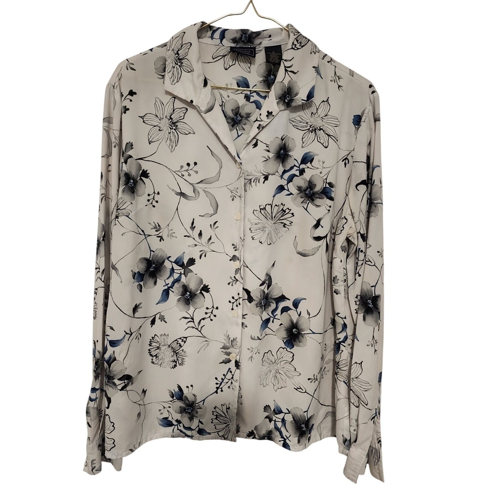 Laura Scott Womens Floral Button Down Blouse White Blue Long Sleeve Size 16